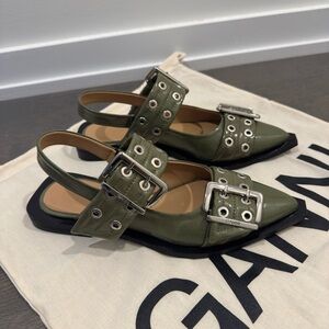 Ganni Green Buckle Ballerina Flats
